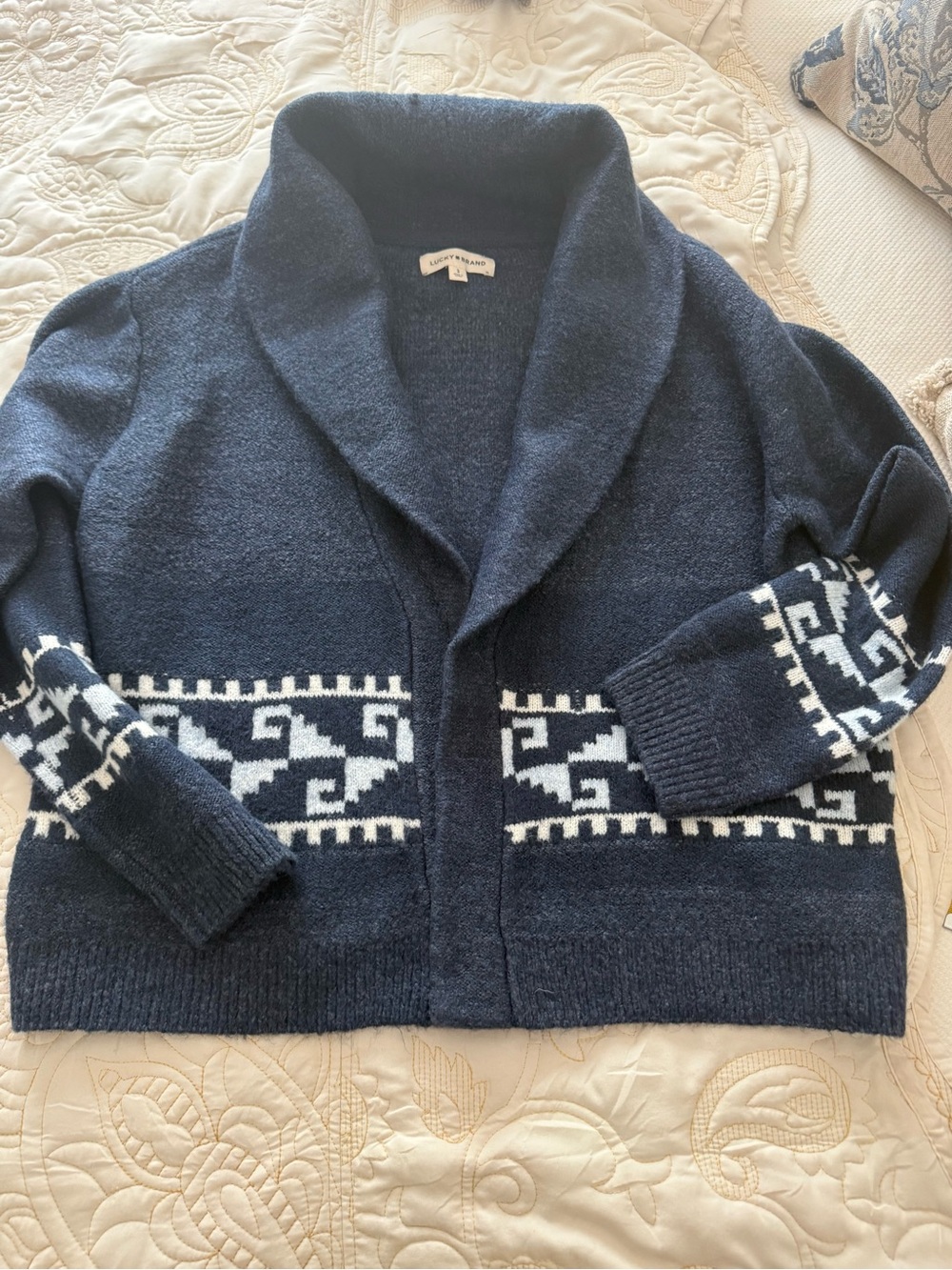 Lucky Brand Shawl Collar Navy Aztec-Trim Sweater Cardigan